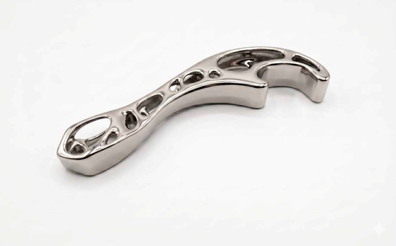 Polished metal lever with generative-design lattice cutouts